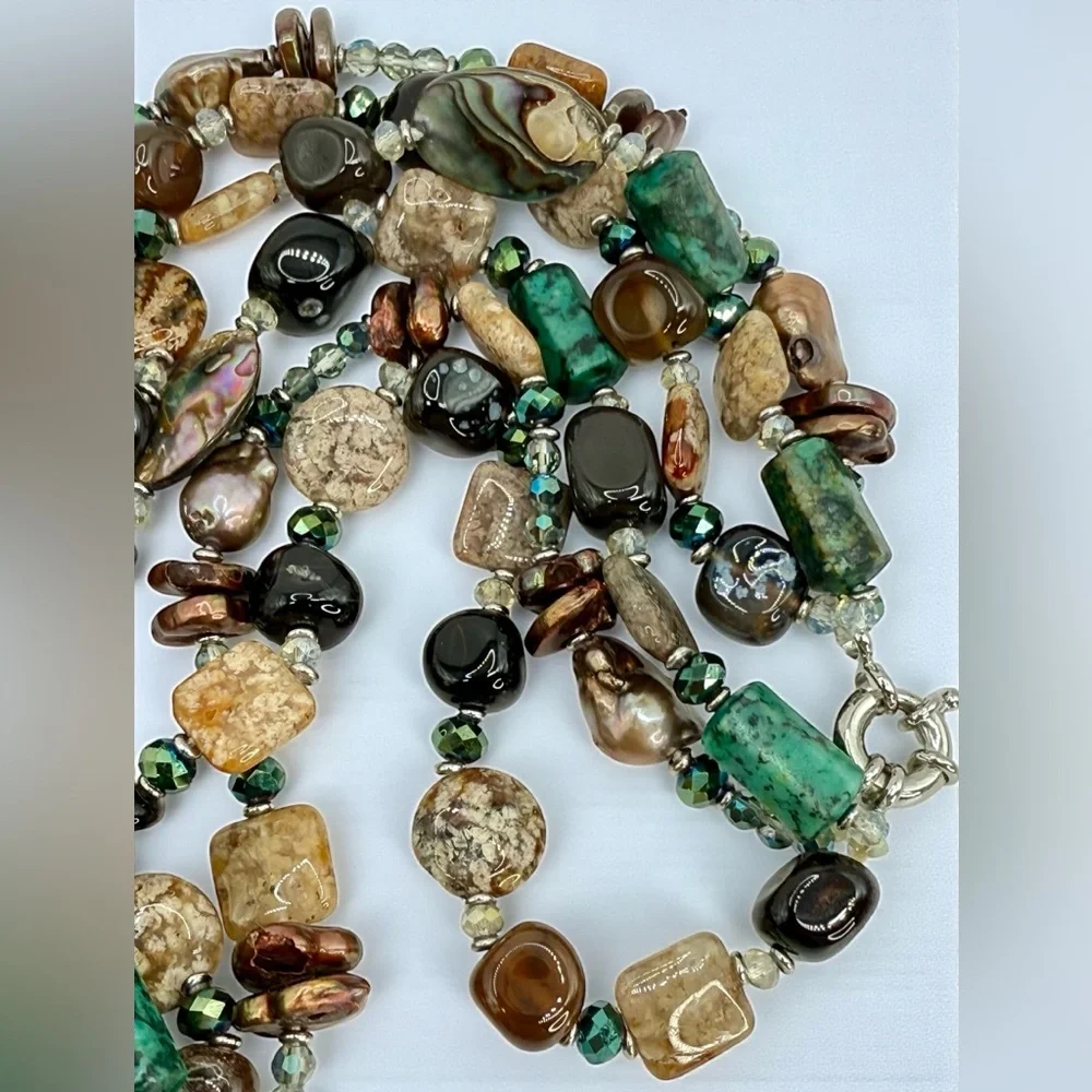 Three-Strand Multi-Gemstone Flameball Pearl Shell & Crystal Necklace 18” 20” 22” - Picture 5 of 17